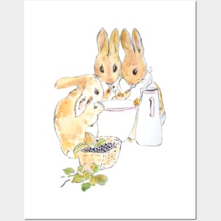 3 cute rabbits drinking soup Peter Rabbit Posters and Art